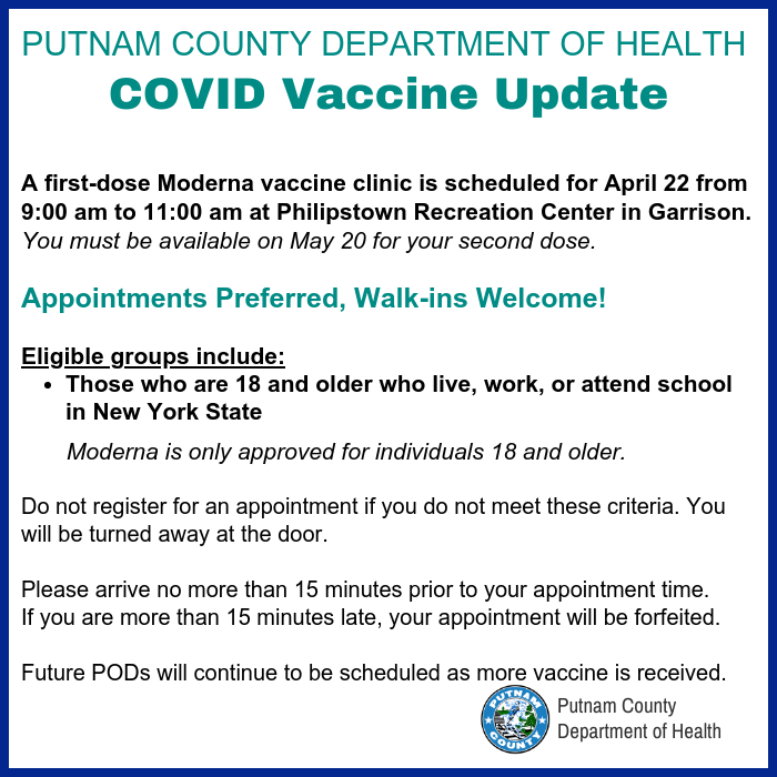 Wednesday April 22 - PCDOH Vaccine Clinic at Philipstown Rec